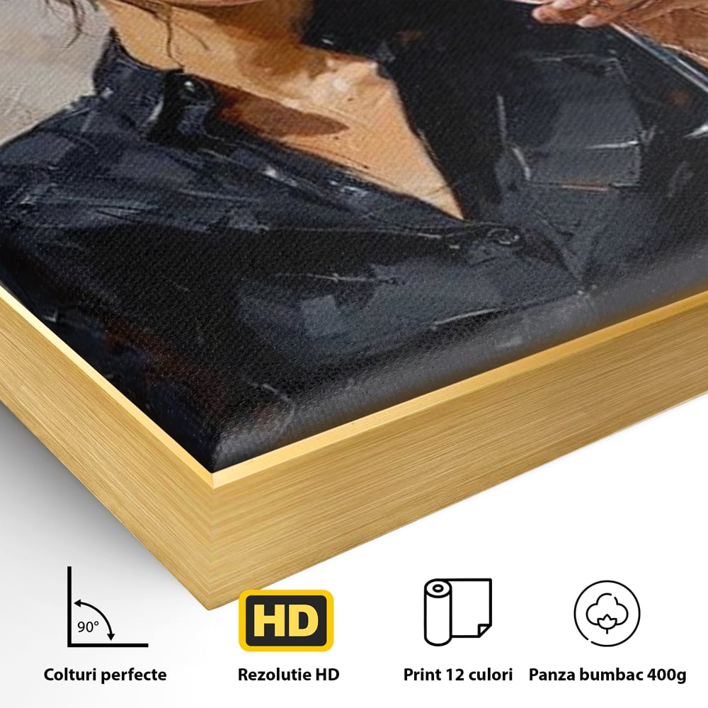 Detaliu al suprafetei: tablou canvas cu femeie si pahar de vin, in rama de aluminiu auriu